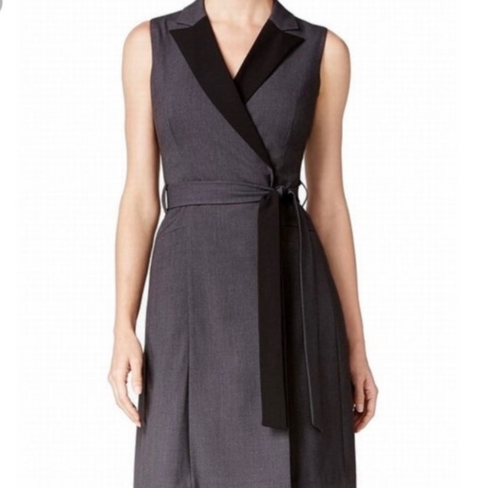 Calvin Klein Grey A-Line Wrap Dress with Belt, Notch Two Tone Collar, Size 14